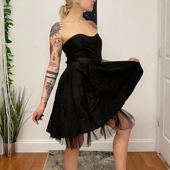 Y2K Vintage Strapless Mini Dress Sweetheart Neck Tie-Waist Size L Black - Picture 14 of 16